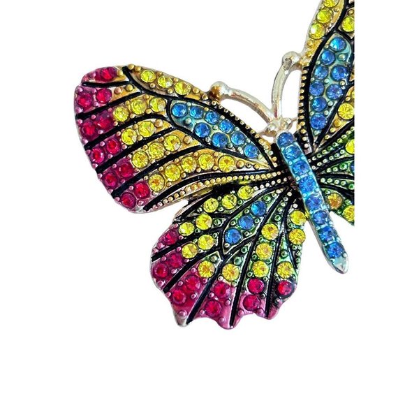 Bright Crystal Butterfly Brooch Pin Blue Yellow Red Goldtone Setting 1 7/8" - Picture 4 of 6